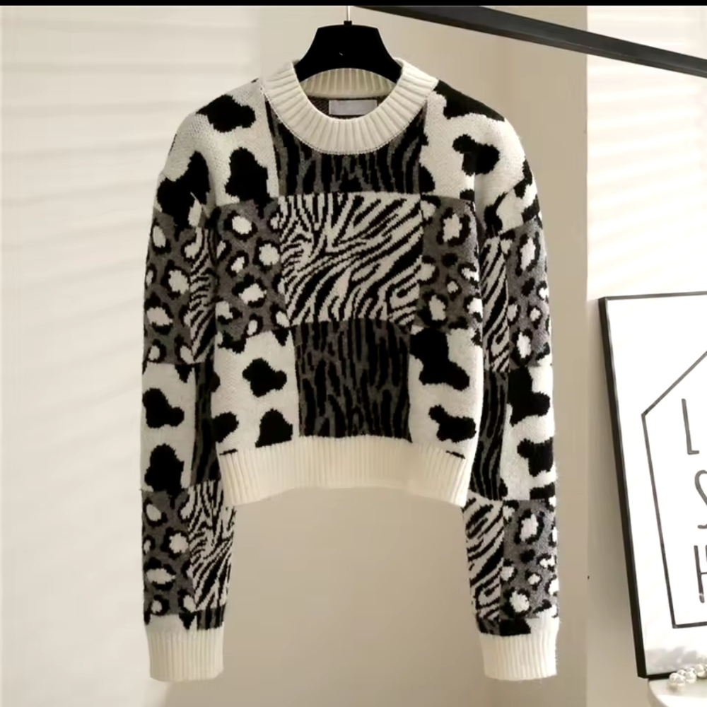 Pullovers Fashion Tops for Women Vintage Leopard Print Knit Sweaters - Picture 4 of 4
